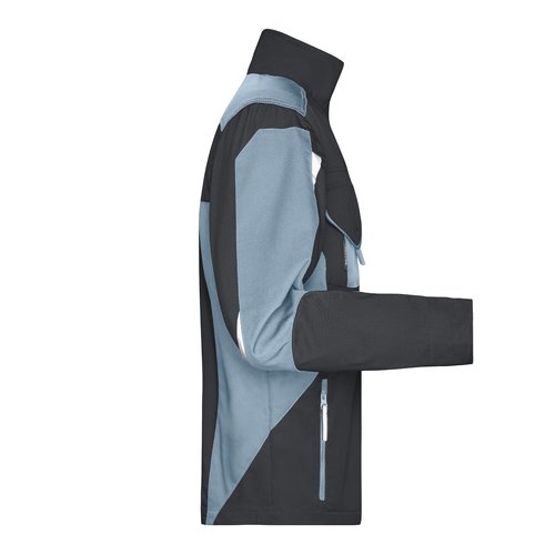 Schwarz-graue Arbeitsjacke aus Polyester-Baumwoll-Mischgewebe mit Reiverschluss und mehreren Taschen.