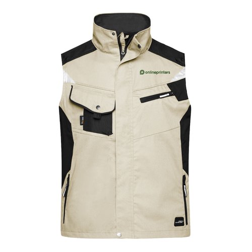 Beige/Schwarze Arbeitsweste aus Polyester-Baumwoll-Mischgewebe mit mehreren Taschen.