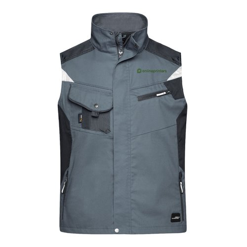 Dunkelgraue Arbeitsweste aus Polyester-Baumwoll-Mischgewebe mit mehreren Taschen und Reiverschluss.