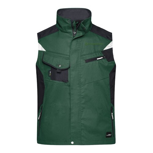 Dunkelgrne Arbeitsweste aus Polyester-Baumwolle mit mehreren Taschen.