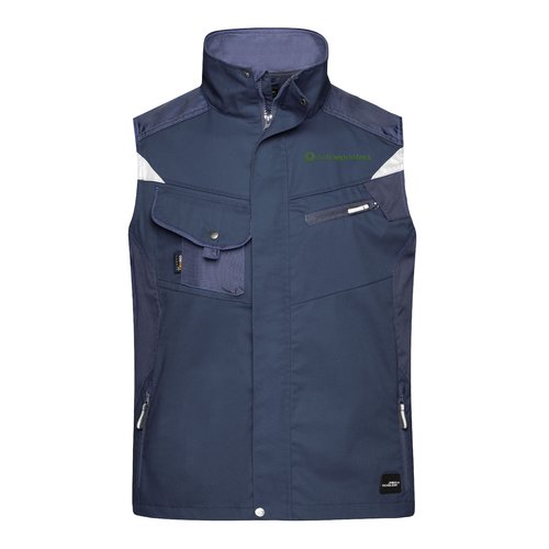 Marineblaue Arbeitsweste aus Polyester-Baumwoll-Mischgewebe mit durchgehendem Reiverschluss und mehreren Taschen.