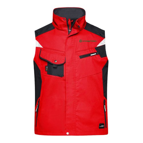 Rote Arbeitsweste aus Polyester-Baumwoll-Mischgewebe mit mehreren Taschen.