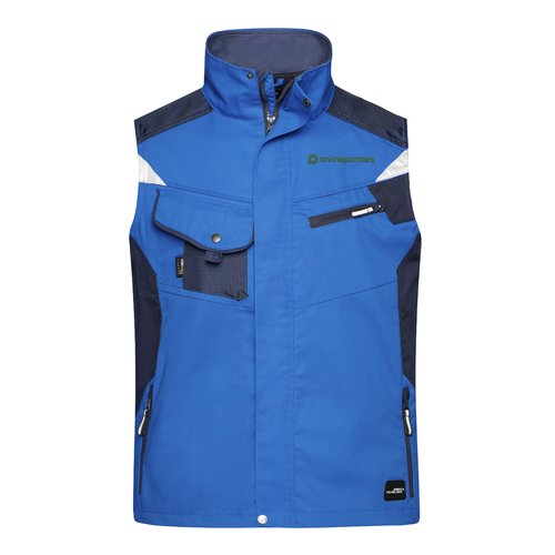 Blaue Arbeitsweste aus Polyester-Baumwoll-Gemisch mit mehreren Taschen.