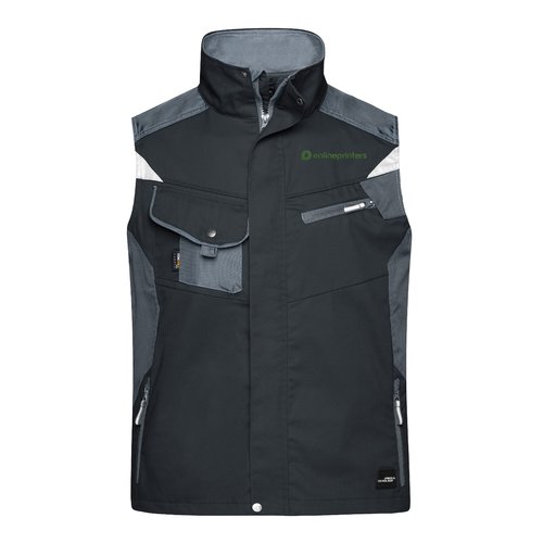 Schwarz-graue Arbeitsweste aus Polyester-Baumwoll-Gemisch mit mehreren Taschen.