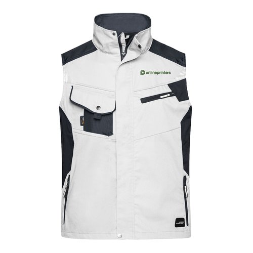Wei-graue Arbeitsweste aus Polyester-Baumwoll-Mischgewebe mit Taschen.