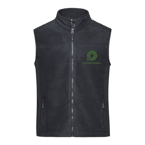 Dunkelgraue/Schwarze Fleeceweste aus Polyester mit durchgehendem Reiverschluss und Seitentaschen.