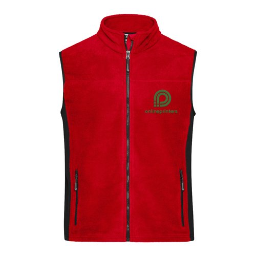 Rote Fleeceweste aus Polyester mit durchgehendem Reiverschluss und Seitentaschen.