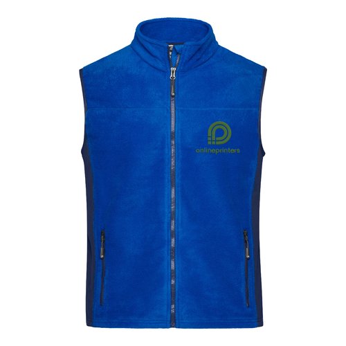 Blaues Polyester-Fleeceweste mit durchgehendem Reiverschluss und Seitentaschen.