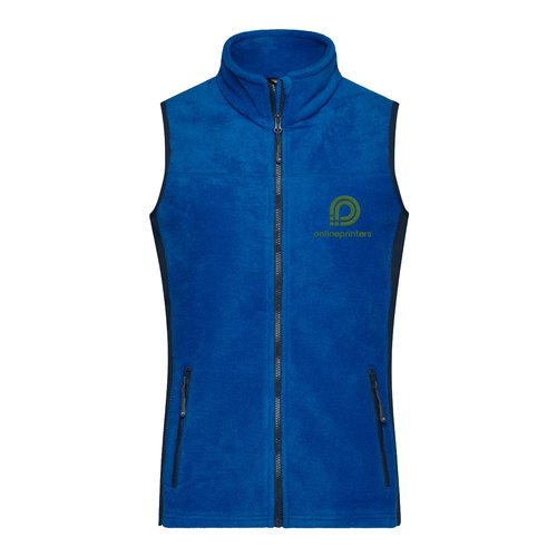 Blaue Polyester-Fleeceweste fr Damen mit durchgehendem Reiverschluss und Taschen.