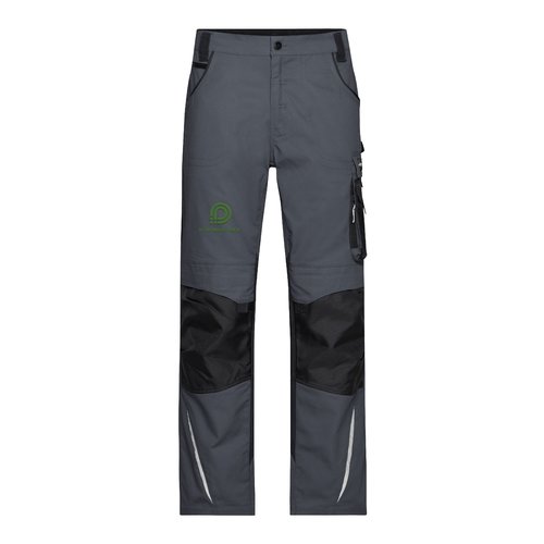 Dunkelgraue/schwarze Arbeits-Hose aus Polyester-Baumwoll-Mischgewebe mit Taschen.