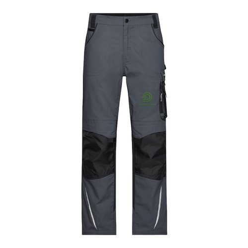 Dunkelgrau/schwarze Arbeits Hose aus Polyester-Baumwoll-Mischgewebe mit mehreren Taschen.