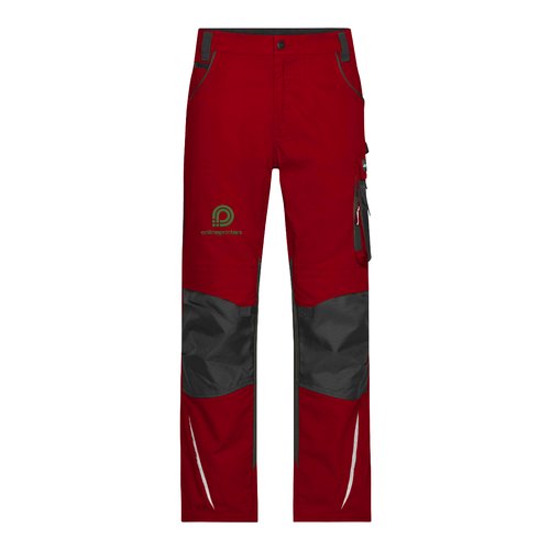 Rot-schwarze Arbeitshose aus Polyester-Baumwoll-Mischgewebe mit mehreren Taschen.