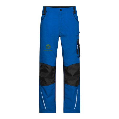 Blaue Arbeits-Hose aus Polyester-Baumwoll-Mischgewebe mit Taschen.