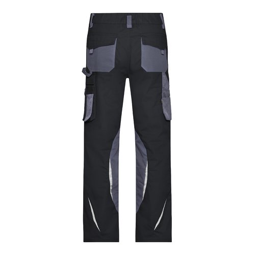 Schwarz-graue Arbeits-Hose aus Polyester und Baumwolle mit mehreren Taschen.