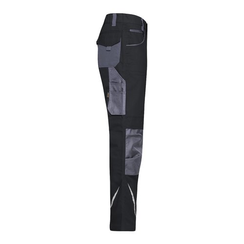 Schwarz-graue Arbeits-Hose aus Polyester-Baumwoll-Mischgewebe mit mehreren Taschen.