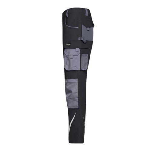 Schwarz-graue Arbeits-Hose aus Polyester-Baumwoll-Mischgewebe mit mehreren Taschen.