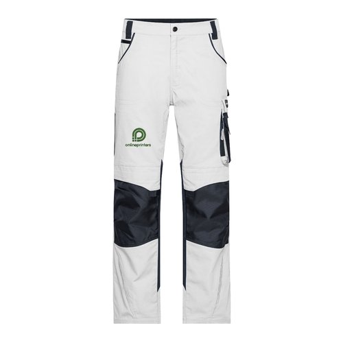 Weisse/graue Arbeits-Hose aus Polyester und Baumwolle mit Taschen.