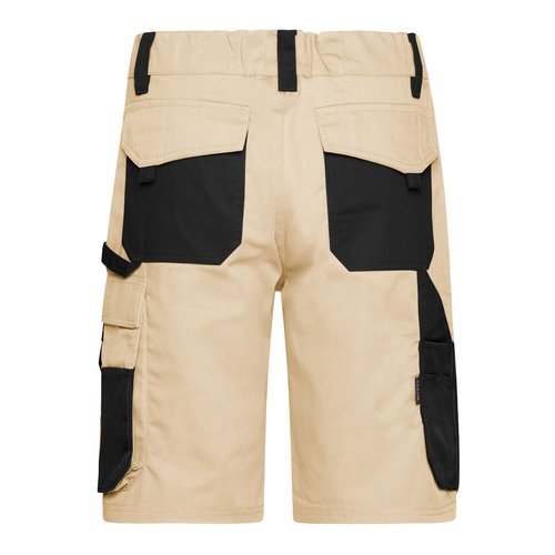 Beige/Schwarze Baumwollmischgewebe Arbeitsshorts mit mehreren Taschen.