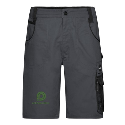 Dunkelgraue Arbeitsshorts aus Polyester-Baumwoll-Mischgewebe mit mehreren Taschen.