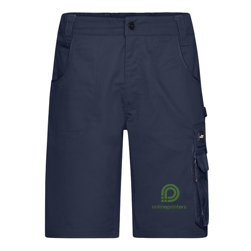 Marineblaue Arbeitsshorts aus Polyester-Baumwoll-Mischgewebe mit mehreren Taschen.