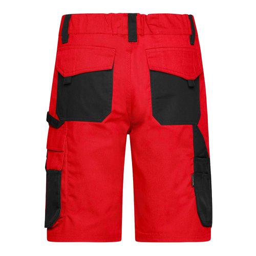 Rot-schwarze Arbeits-Shorts aus Polyester-Baumwoll-Mischgewebe mit mehreren Taschen.
