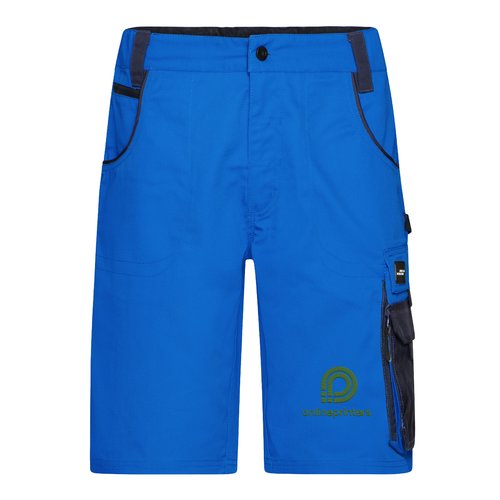 Blaue Arbeits-Shorts aus Polyester-Baumwoll-Mischgewebe mit mehreren Taschen.