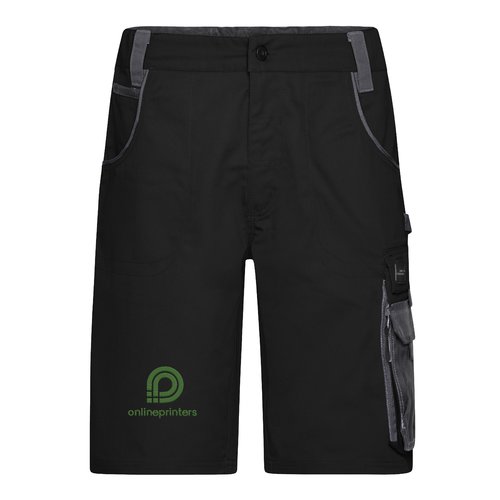 Schwarz-graue Arbeits-Shorts aus Polyester-Baumwoll-Mischgewebe mit mehreren Taschen.