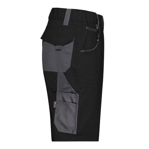 Schwarz-graue Arbeitsshorts aus Polyester und Baumwolle mit mehreren Taschen.