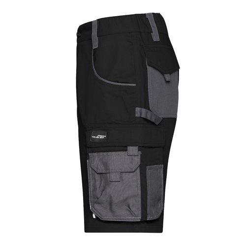 Schwarz-graue Arbeits-Shorts aus Polyester-Baumwoll-Mischgewebe mit mehreren Taschen.