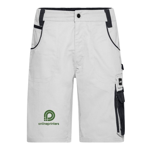 Wei-graue Arbeits-Shorts aus Polyester-Baumwoll-Mischgewebe mit mehreren Taschen.