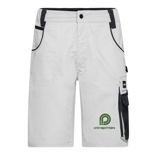 Wei�-graue Arbeits-Shorts aus Polyester-Baumwoll-Mischgewebe mit mehreren Taschen.