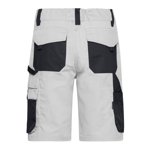 Wei-graue Arbeits-Shorts aus Polyester-Baumwoll-Mischgewebe mit mehreren Taschen.
