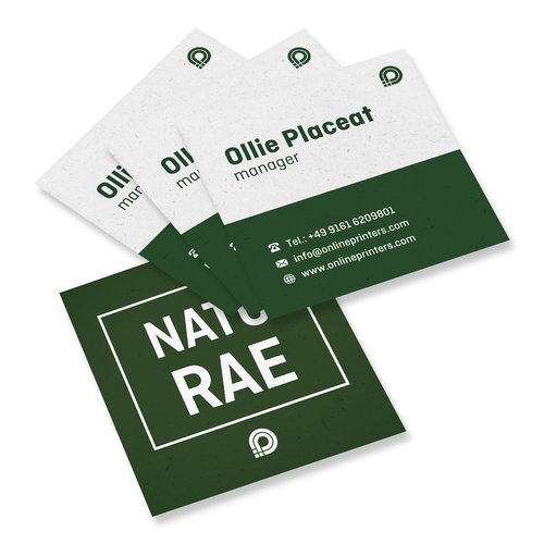 Naturfarbene Visitenkarten aus ko-Papier, beidseitig bedruckt.