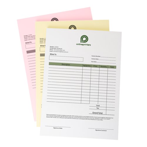 Durchschreibestze Stapel im Hochformat mit rosa, gelben und weien Papier.