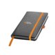 Oranges Notizbuch mit Gummiband und Leseband.