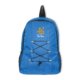 Blauer Rucksack aus Stoff mit Kordelzug und Netzseitentaschen.