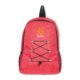 Roter Rucksack mit Kordelzug und Auentasche.