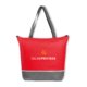 Rote Khltasche aus Vliesstoff mit Reiverschluss und Tragegriffen.