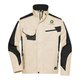 Beige/Schwarze Arbeitsjacke aus Polyester und Baumwolle mit Stehkragen und mehreren Taschen.