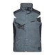 Dunkelgraue Arbeitsweste aus Polyester-Baumwoll-Mischgewebe mit mehreren Taschen und Reiverschluss.