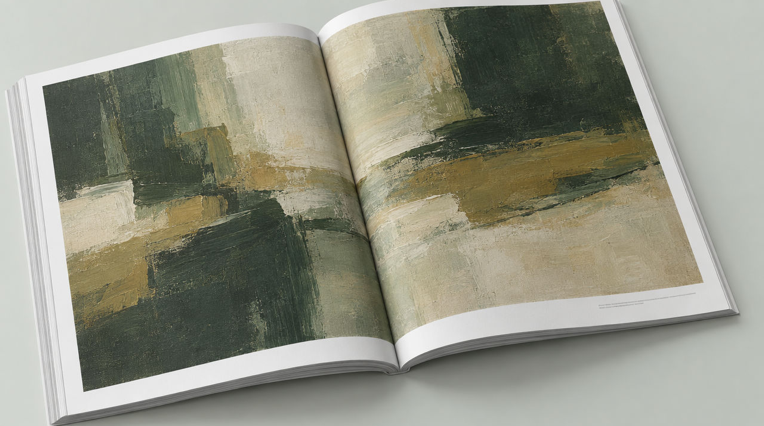 Bild Aufgeschlagener Ausstellungskatalog mit abstraktem Gem�lde �ber die Doppelseite