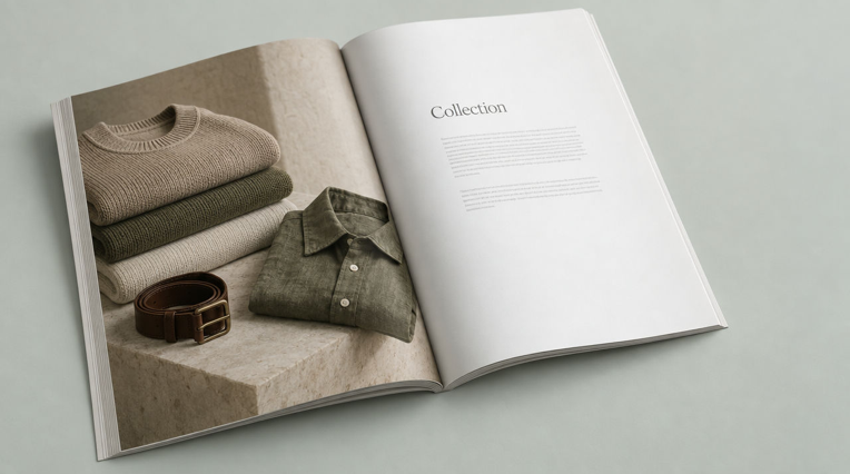 Bild Aufgeschlagenes Mode-Lookbook mit ganzseitigem Foto von Pullovern, Hemd und G�rtel