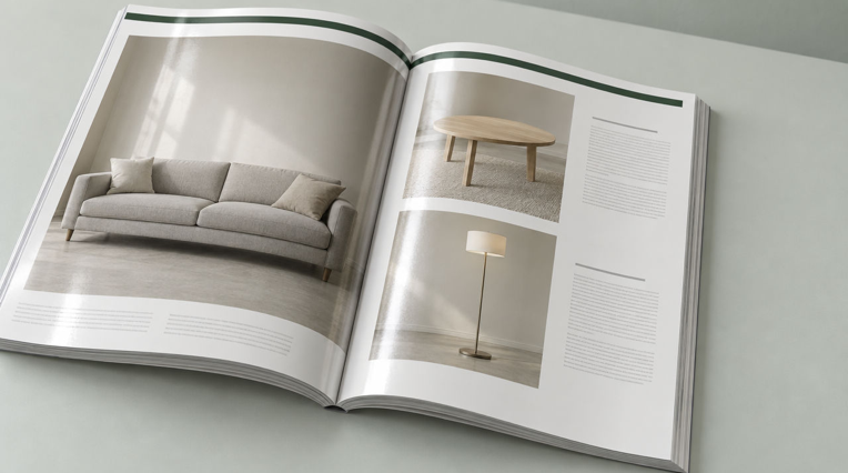 Bild Aufgeschlagener M�belkatalog mit Sofa, Couchtisch und Stehleuchte auf gl�nzendem Papier