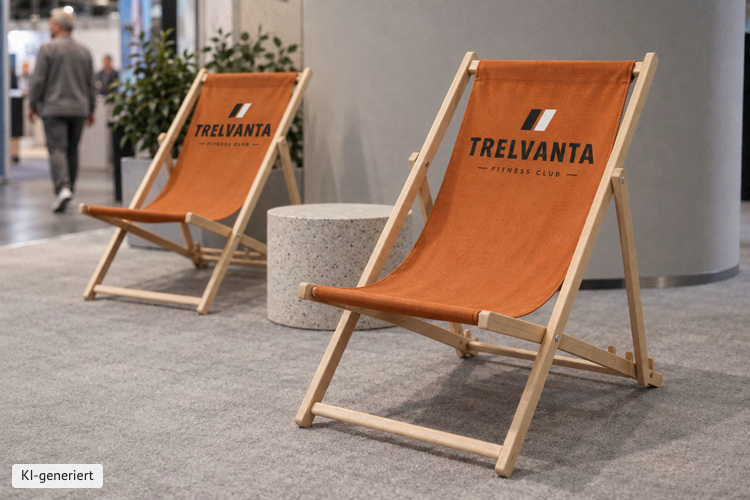 Bild Zwei Holzliegest�hle mit orangem Bezug und Fitnessclub-Logo in der Lounge eines Messestands (KI-generiert)