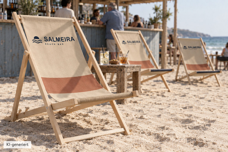 Bild Holzliegest�hle mit sandfarbenem Bezug und Strandbar-Logo im Sand vor einer Strandbar (KI-generiert)