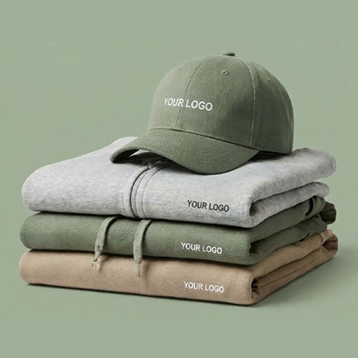Bild Gestapelte Hoodies mit Logo, darauf eine Cap