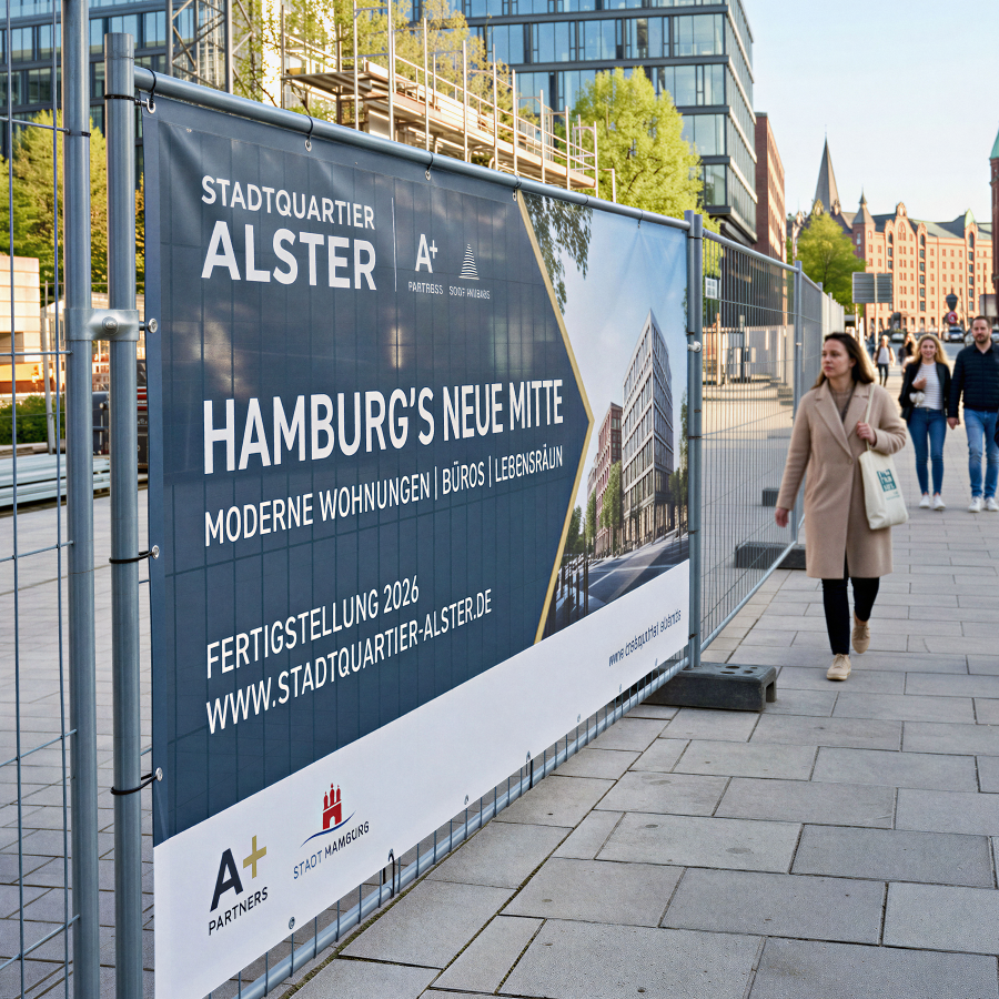 Bild Bauzaunbanner mit Werbung an einem Bauzaun