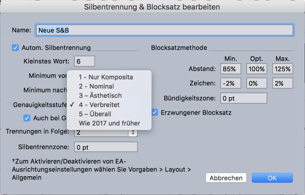 Zur Verbesserung von Trennungen kennt QuarkXPress 2018 nun Genauigkeitsstufen. Diese Qualitätsstufen lassen sich über S&B (Silbentrennung und Blocksatzregelung) in die Stilvorlagen integrieren