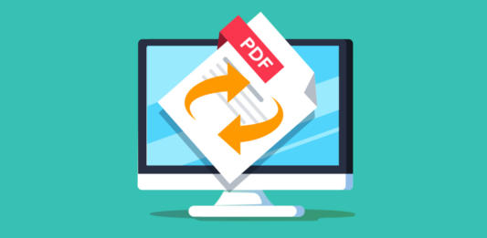 Abbildung eines Computermonitors mit einer Datei mit der roten Beschriftung „PDF“ und zwei orangefarbenen Pfeilen, die eine Konvertierung oder PDF-Drehung vorschlagen. Der blaugrüne Hintergrund unterstreicht den klaren und funktionalen Look des Designs.