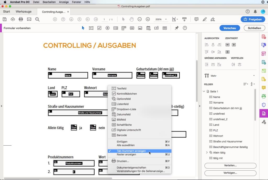 PDF-Formular erstellen - Tabulatorspruenge